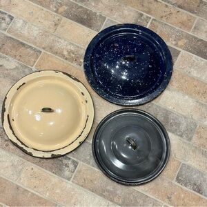 Set of Three Vintage Enamel Pot Lids in Blue, Cream, and Black